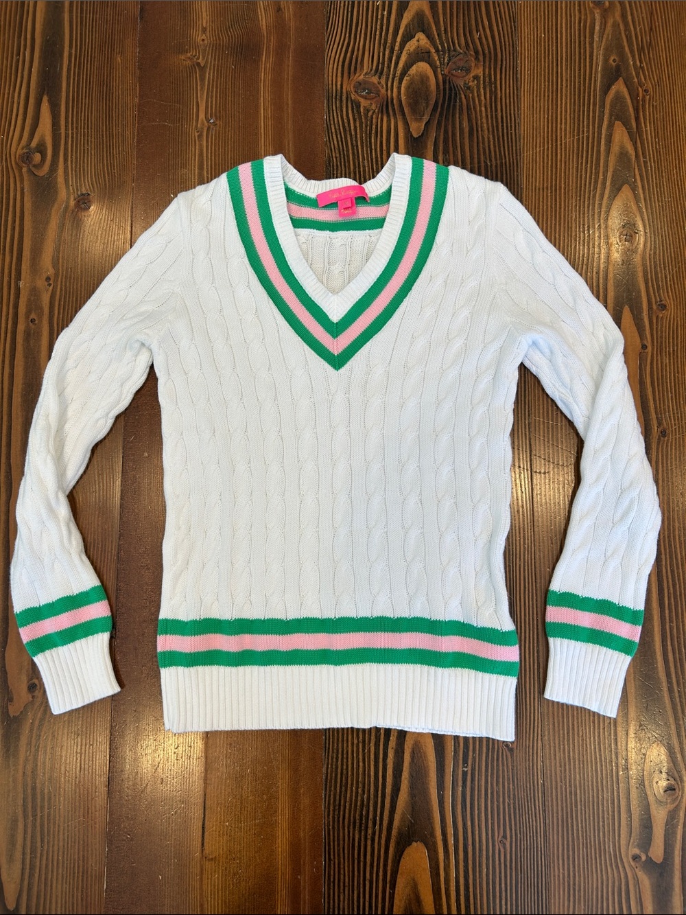 Lilly Pulitzer 100% Cotton White Cable Knit V Neck Tennis Sweater Sz XS Stripe